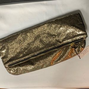NWT VICTORIAS SECRET GOLD ZIP UP FOLDING CLUTCH